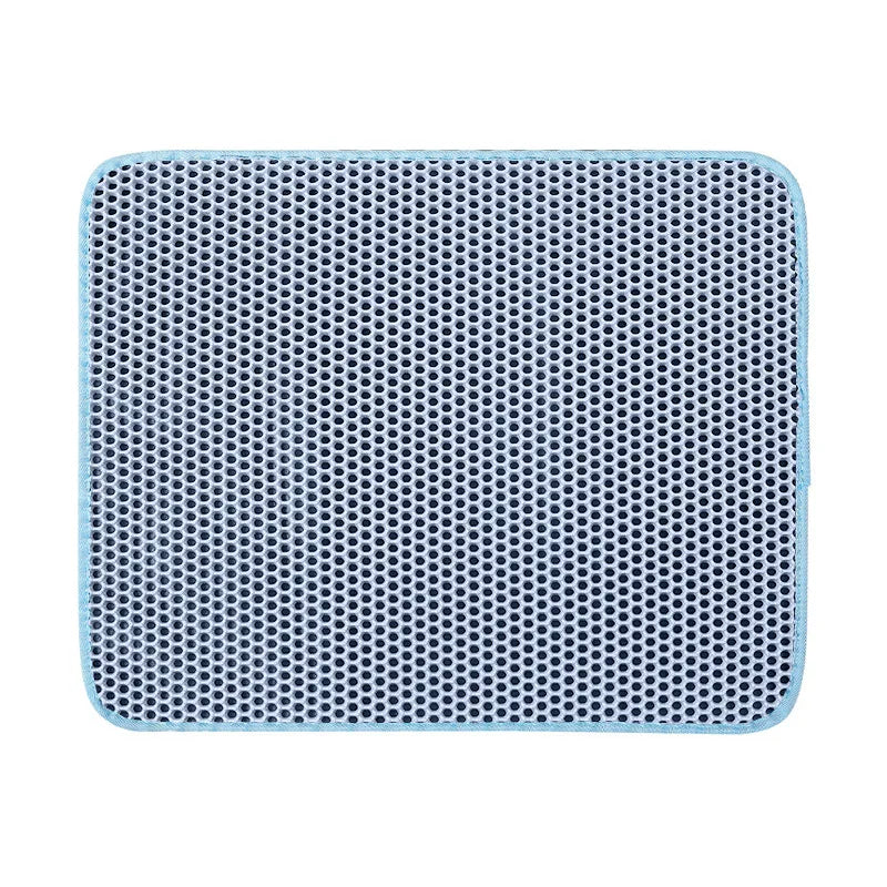 Large, rectangular light blue cat litter trapping mat with a honeycomb top layer for catching loose litter.