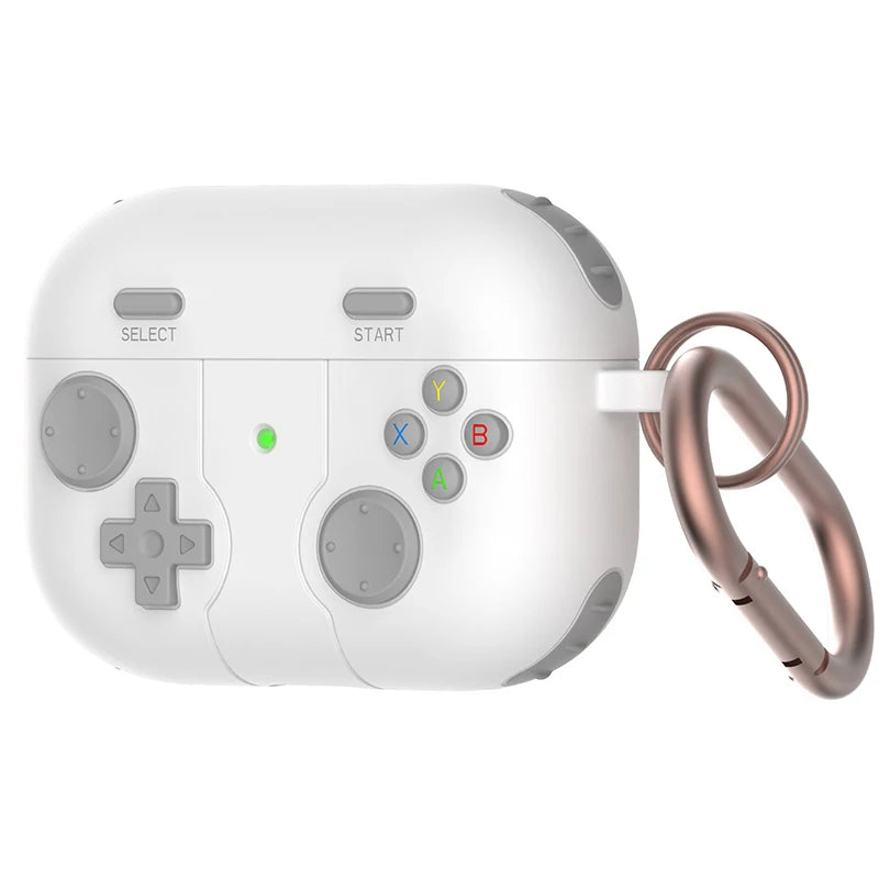 White silicone AirPods Pro case featuring a retro gaming controller design with a rose gold carabiner.