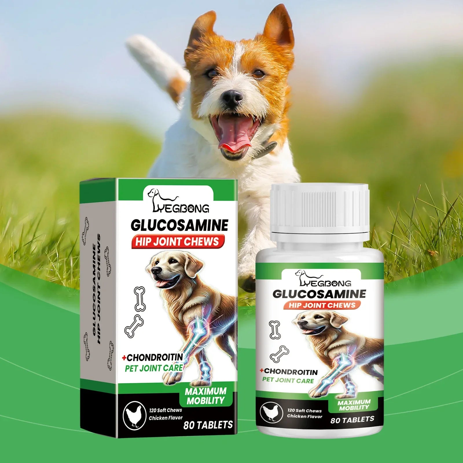 Bottle and box of glucosamine hip and joint chews for dogs, chicken flavoured, 80 tablets, green and white packaging.