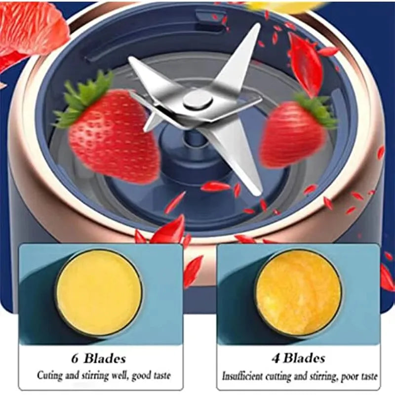 Portable blender with rose gold rim, sharp 6-blade assembly, and fruit graphics demonstrating blending performance.