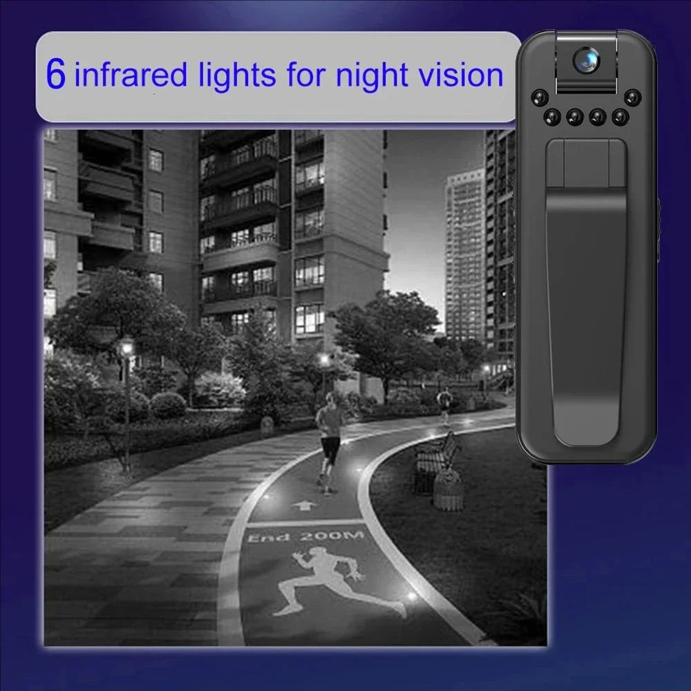 Black plastic wearable body camera with 6 infrared night vision lights and a belt clip.