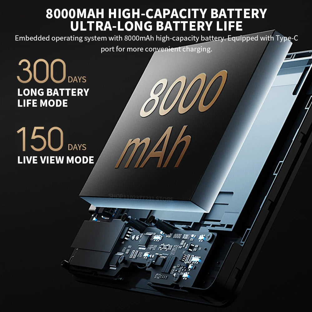 A sleek black smart video doorbell showing its internal 8000mAh battery components and long-lasting power specifications.