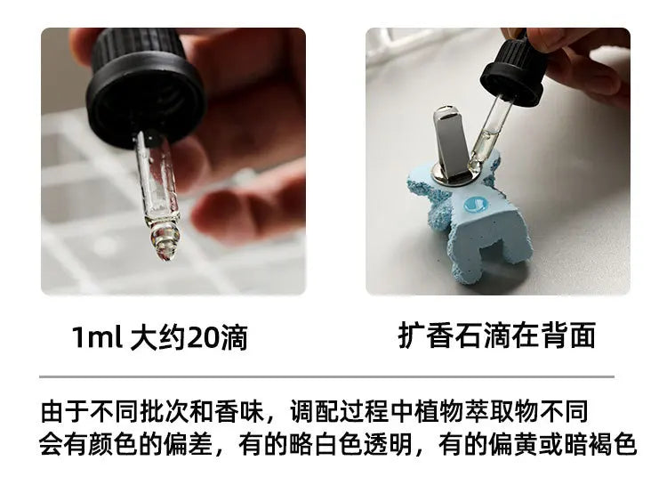 A glass dropper dispensing fragrance oil onto a light blue, bear-shaped stone car air freshener.