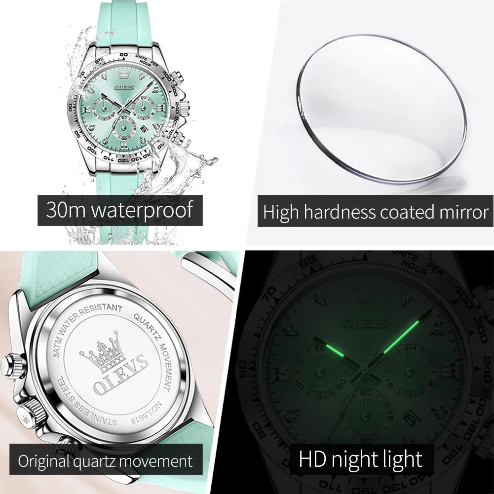 OLEVS women's round quartz watch with mint green dial, chronograph, date, luminous hands, and mint silicone strap.