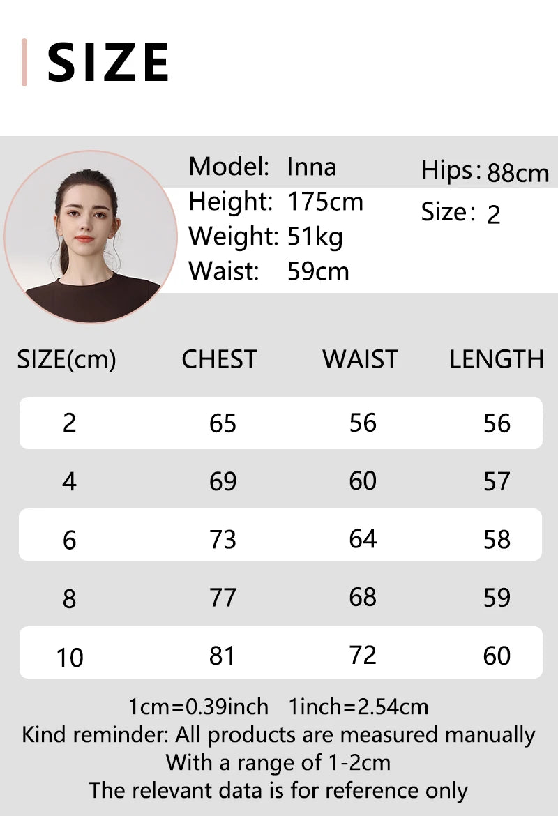 Size guide table showing chest, waist, and length measurements in cm for sizes 2 through 10.