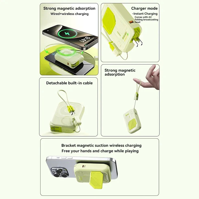 A pale green 10,000mAh magnetic power bank with a built-in phone stand, detachable cable, and fold-away AC plug.