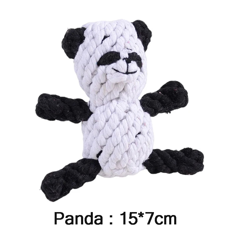 A black and white panda-shaped dog chew toy made from durable woven cotton rope for teeth cleaning.