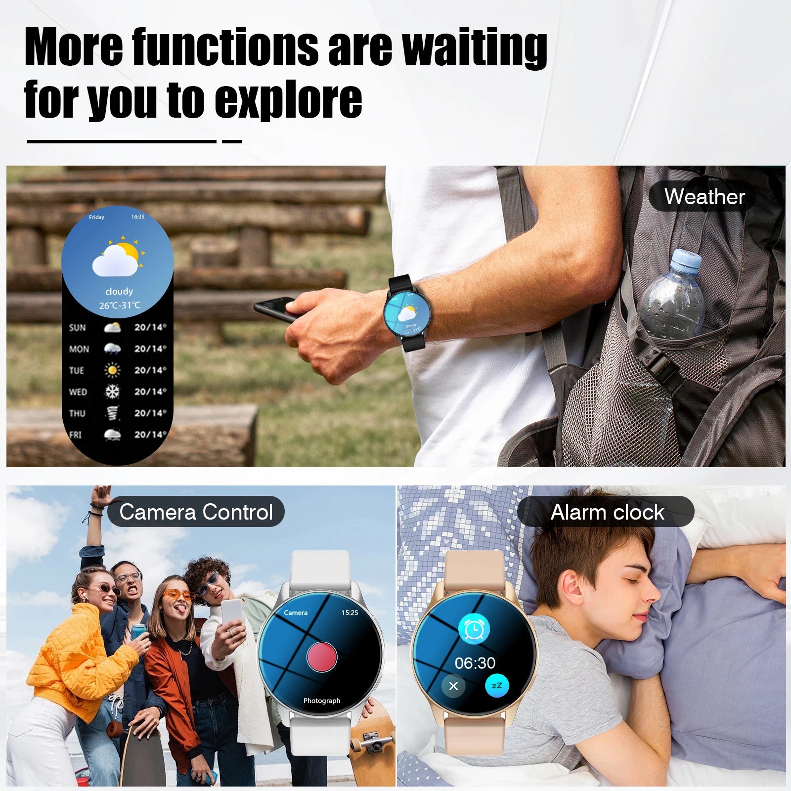 Multi-sport smart watch with round colour display, featuring weather updates, camera control, and alarm functions.