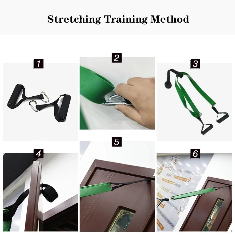 Green resistance band with black handles and metal clips, showing step-by-step setup for door-anchored training.