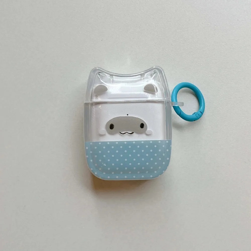Clear, cat-shaped silicone AirPods 1/2 case with a blue polka-dot design and matching carabiner clip.
