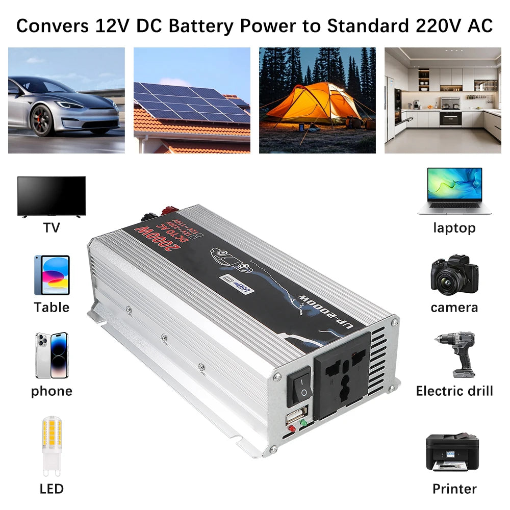 Silver 2000W car power inverter with a black top panel, featuring a UK-style AC socket, USB port, and power switch.