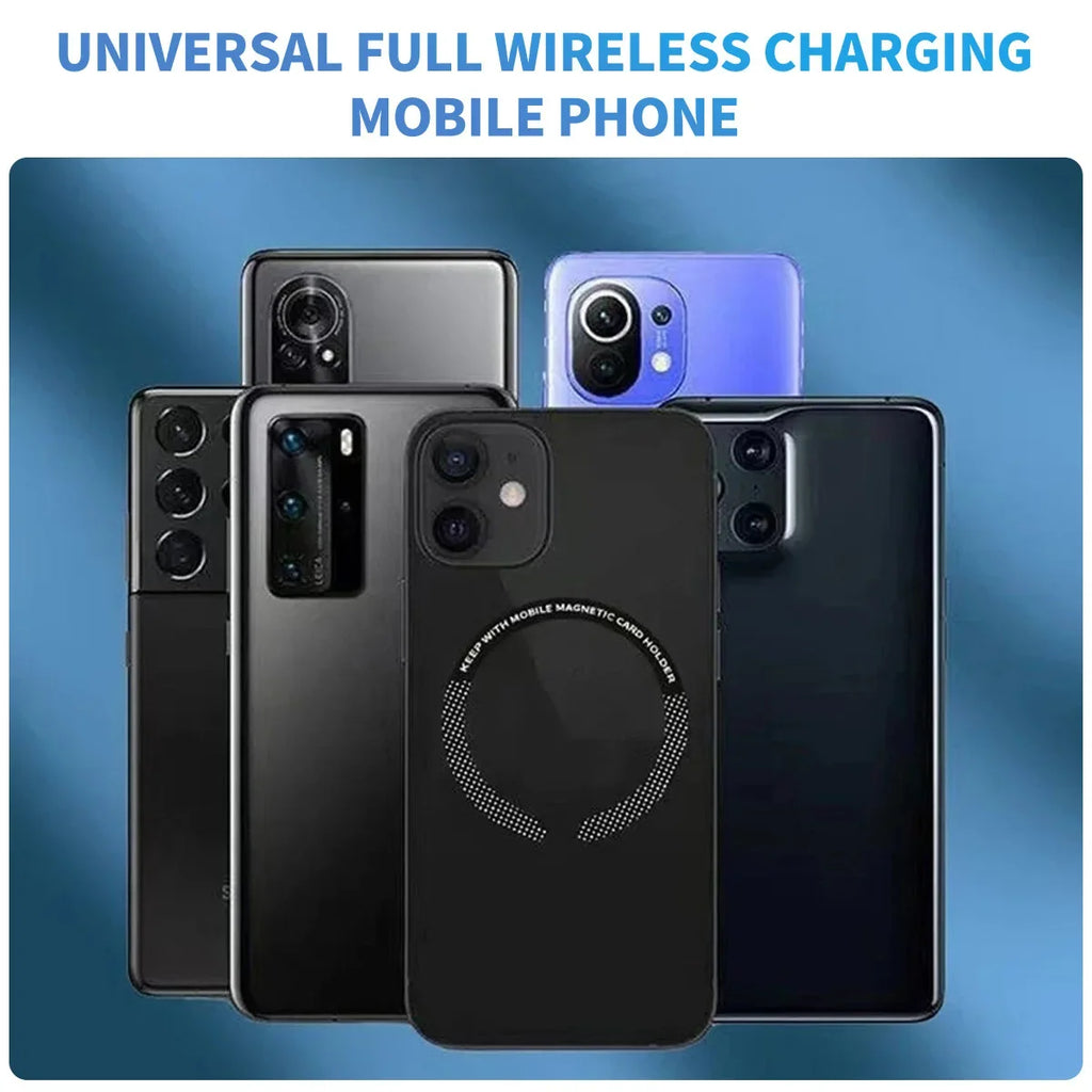 Group of various modern smartphones, featuring black and blue designs with magnetic charging rings on the back.