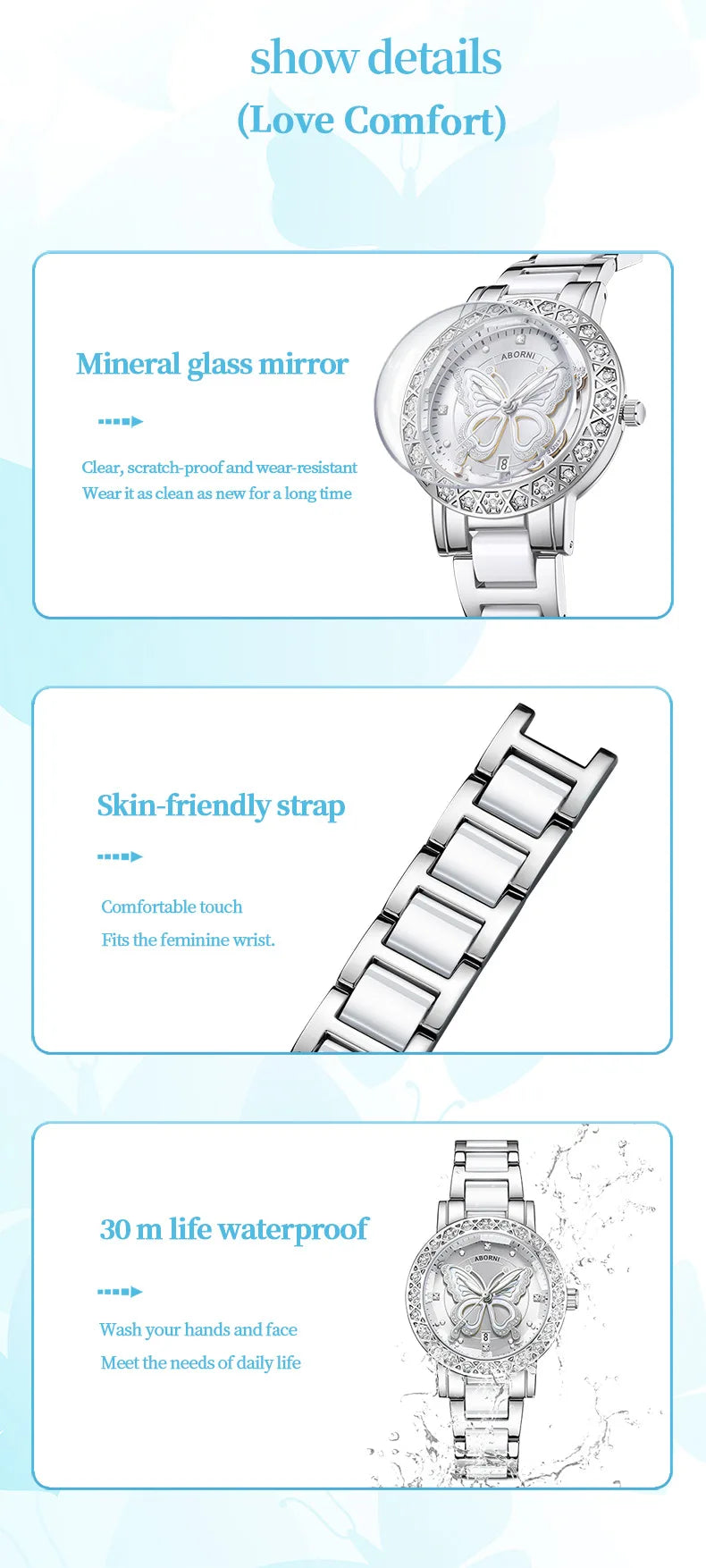 Luxury women’s silver watch featuring a crystal-embellished bezel, butterfly dial motif, and a linked metal bracelet.