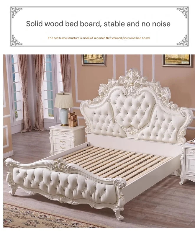 Luxury cream-coloured princess bed with a button-tufted headboard, ornate carved wood frame, and solid wooden slats.
