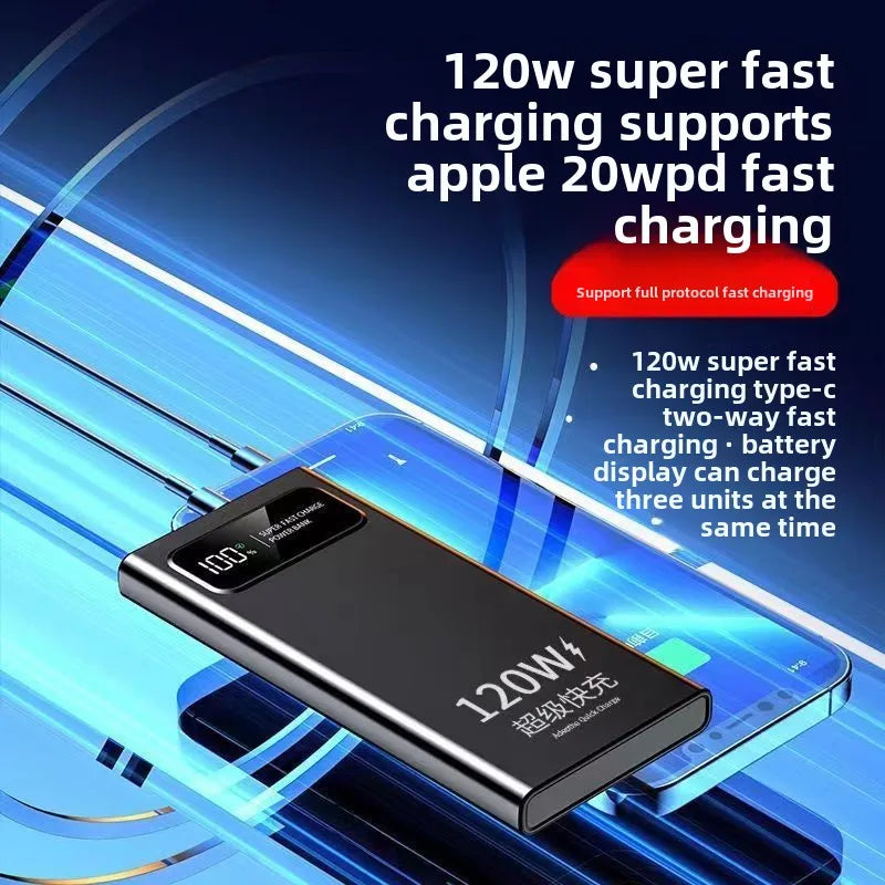 Sleek black 20,000mAh portable power bank with a digital LED display showing battery percentage and fast-charge status.