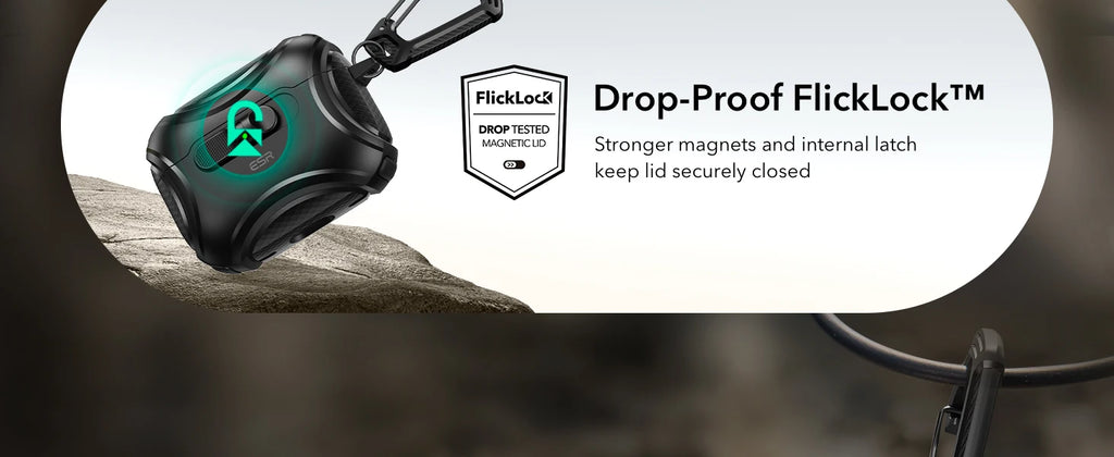 Black rugged shockproof case for AirPods with FlickLock magnetic latch and carabiner.
