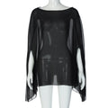 Sheer black chiffon poncho top with a wide boat neckline and flowing, cape-style sleeves on a white mannequin.