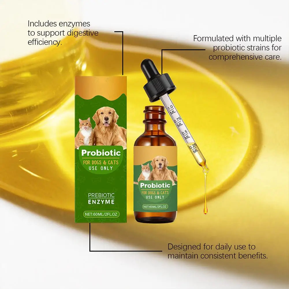 60ml amber glass bottle of pet probiotic enzyme drops with a dropper, featuring dog and cat illustrations on label.