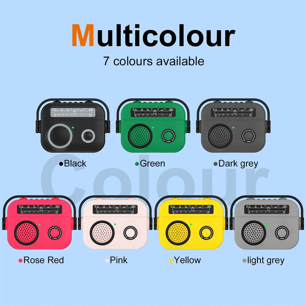 Retro radio-style silicone cases for AirPods, available in 7 colours including black, green, pink, and yellow.