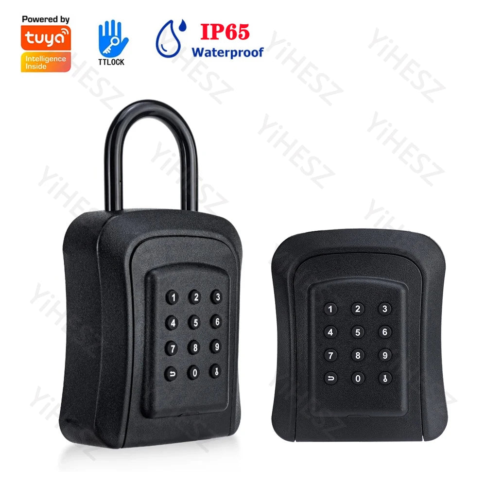 Black metal smart key lock box with a keypad and shackle, featuring IP65 waterproof rating and Tuya app support.