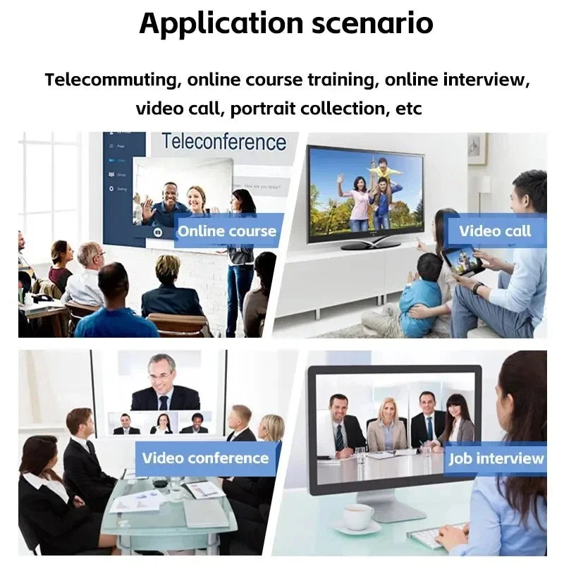 A collage showing a black 1080p HD webcam with a tripod, being used for video calls, meetings, and online learning.