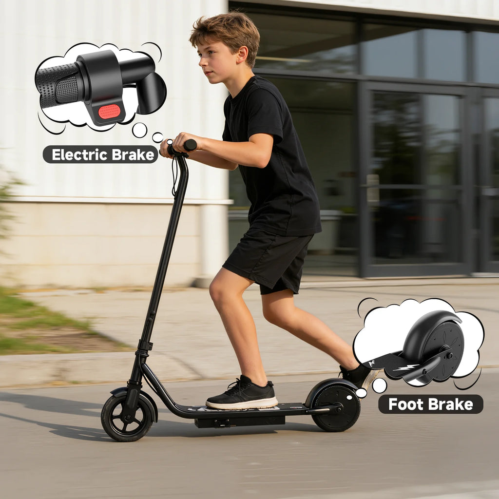 Boy riding a black electric scooter with electric and foot brakes highlighted.