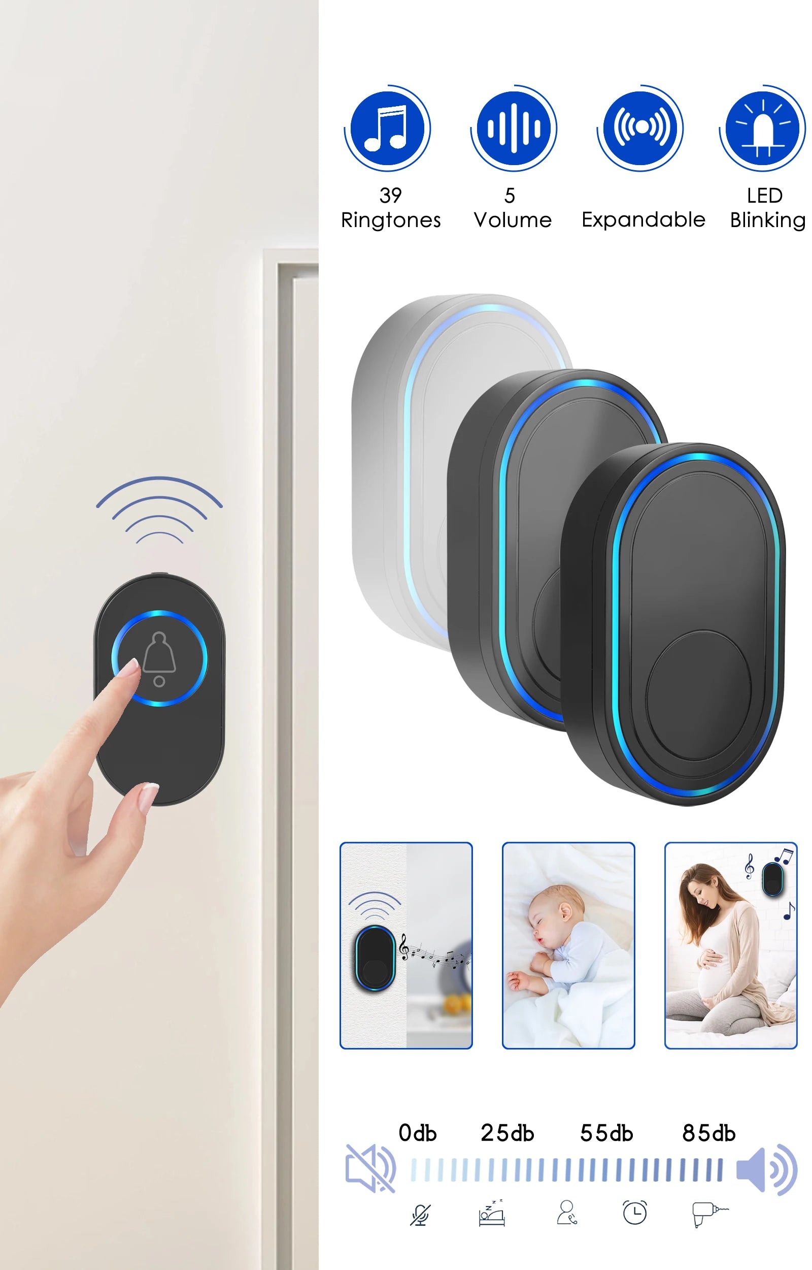 Wireless doorbell in black or white with blue LED light, featuring 39 ringtones, adjustable volume and silent mode.