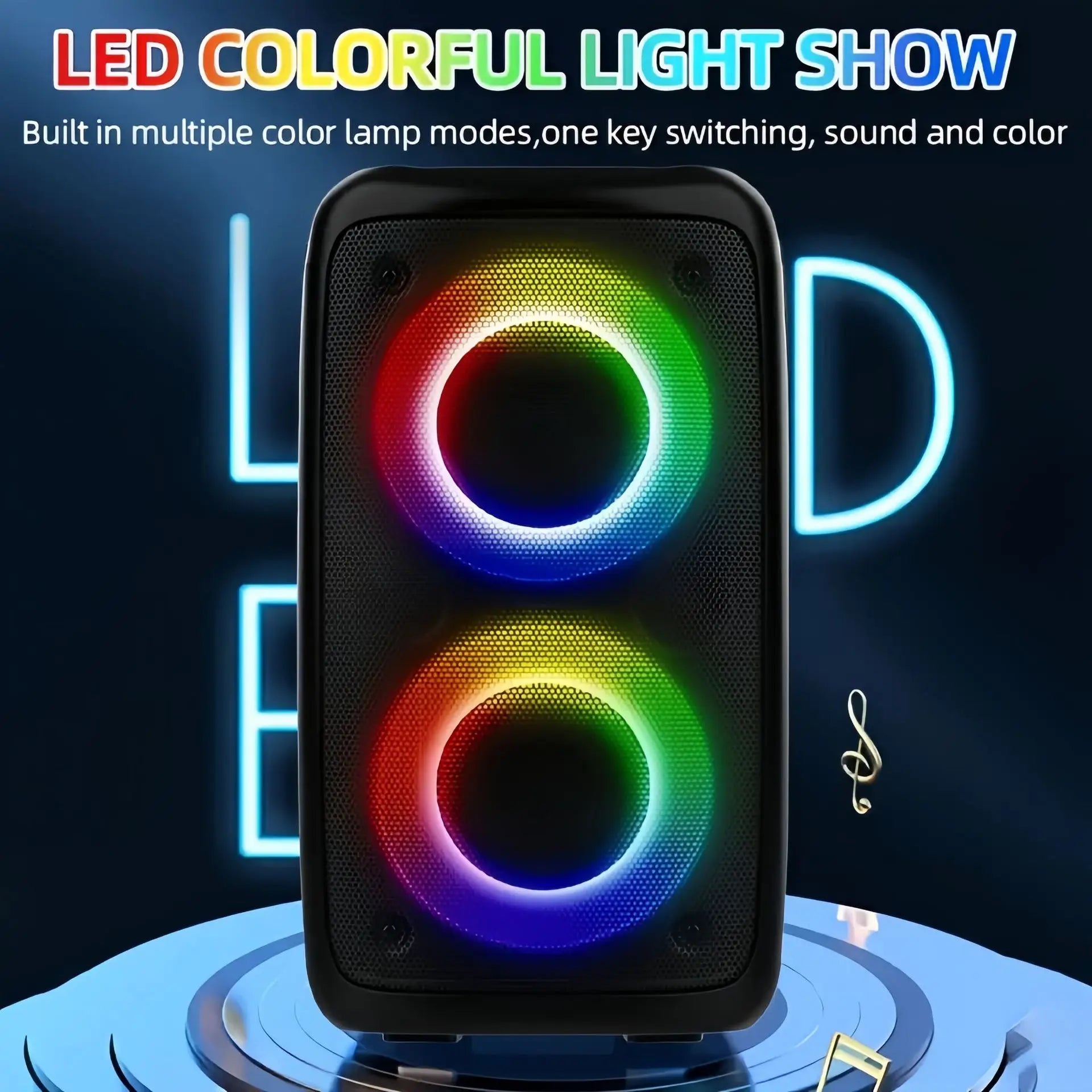 Portable black Bluetooth karaoke speaker featuring two circular speakers with vibrant, multi-coloured LED light rings.