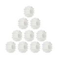 Ten white plastic dishwasher rack wheels arranged in a triangle on a white background.