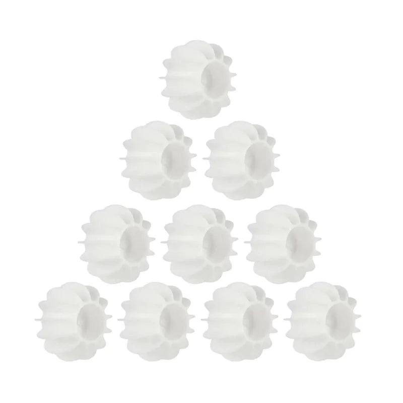 Ten white plastic dishwasher rack wheels arranged in a triangle on a white background.