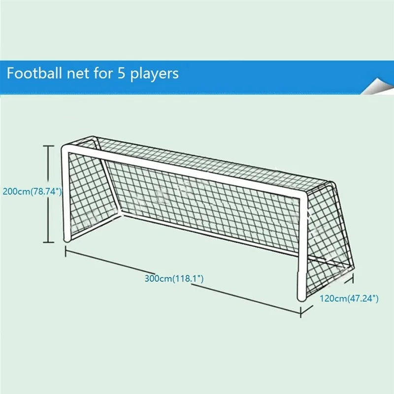 White 5-a-side football goal net measuring 300cm x 200cm x 120cm with a durable mesh design.