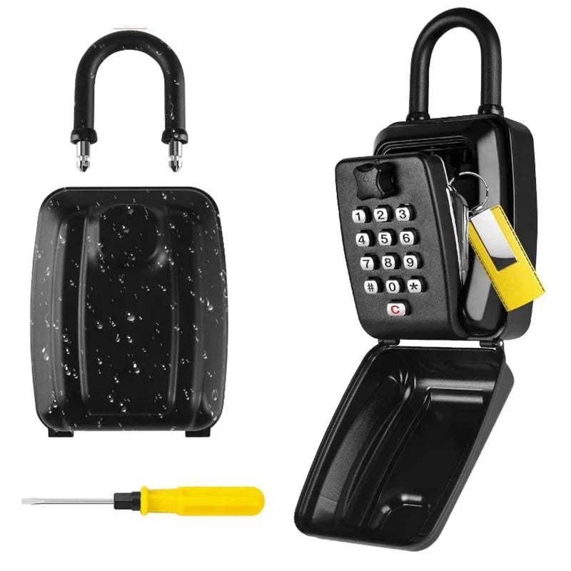 Black metal key lock box with a digital keypad, removable shackle, and a small yellow screwdriver.