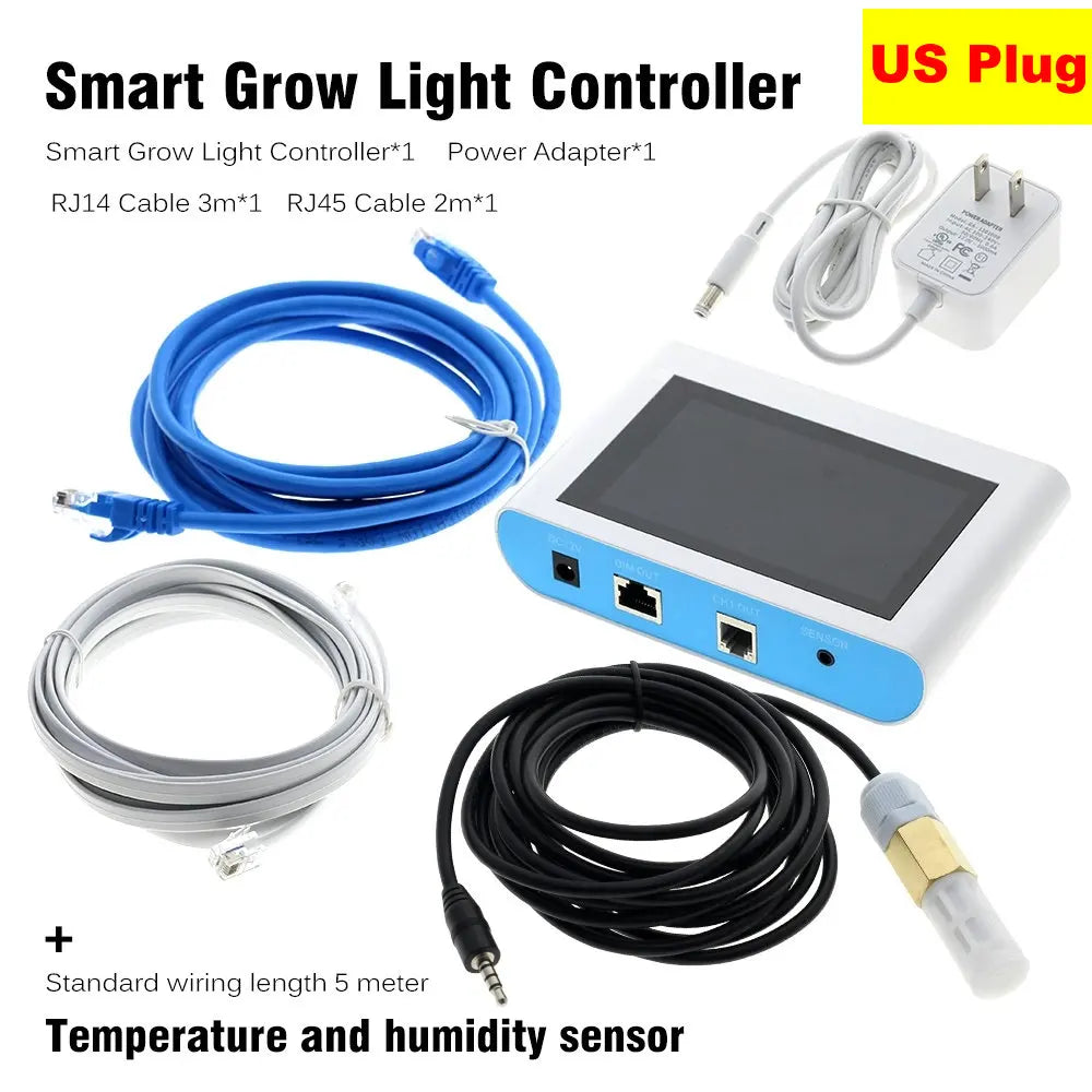 White grow light controller with 4.3-inch touchscreen, power adapter, cables, and temperature/humidity sensor.