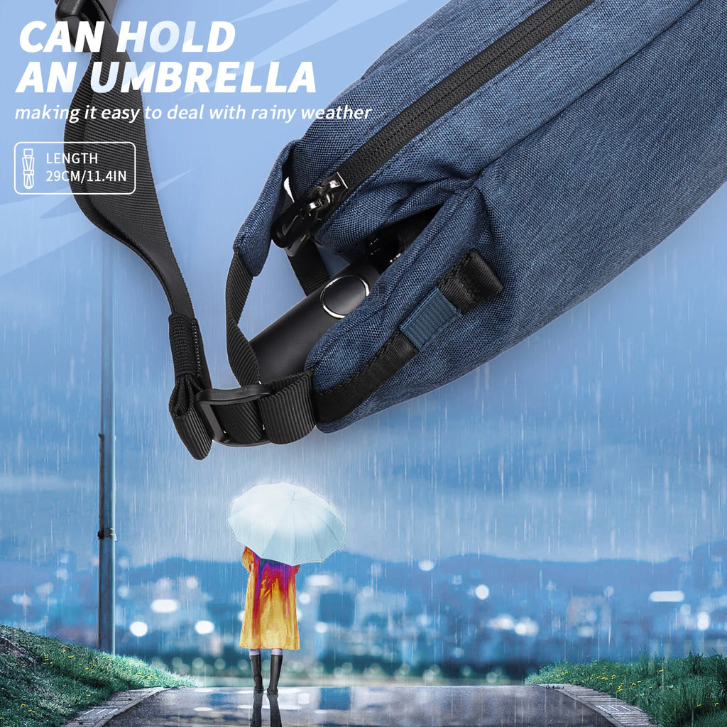 Blue anti-theft crossbody sling bag with a black adjustable strap, shown holding a compact umbrella.
