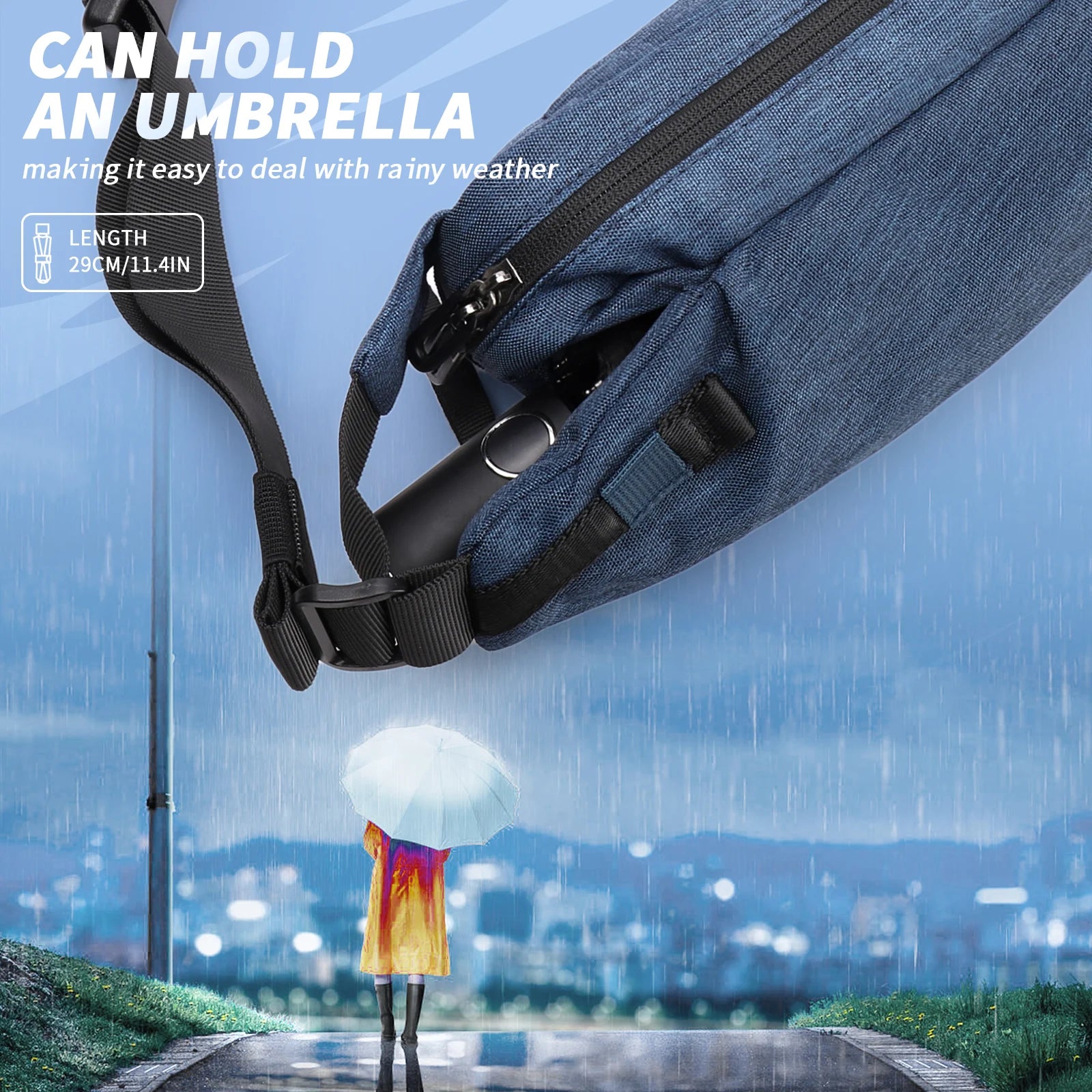 Blue anti-theft crossbody sling bag with a black adjustable strap, shown holding a compact umbrella.