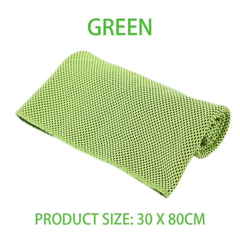 A lime green, textured cooling towel measuring 30 x 80cm, shown folded against a white background.
