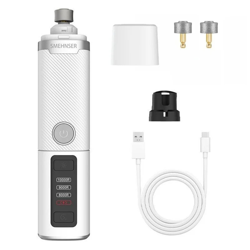White electric pet nail grinder with LED light, speed settings, extra grinding heads, and a USB charging cable.