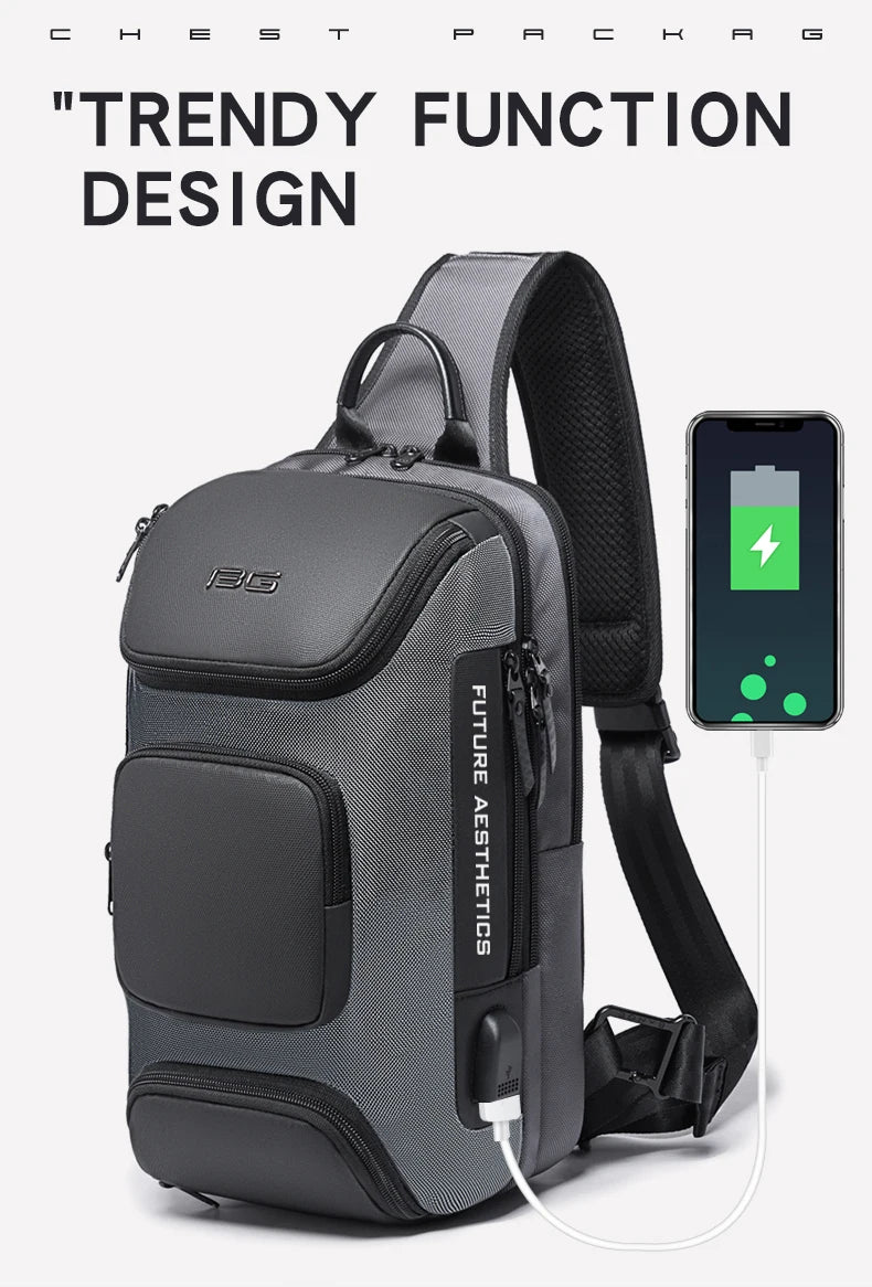 Grey and black anti-theft crossbody bag with a single shoulder strap, multiple compartments, and a USB charging port.