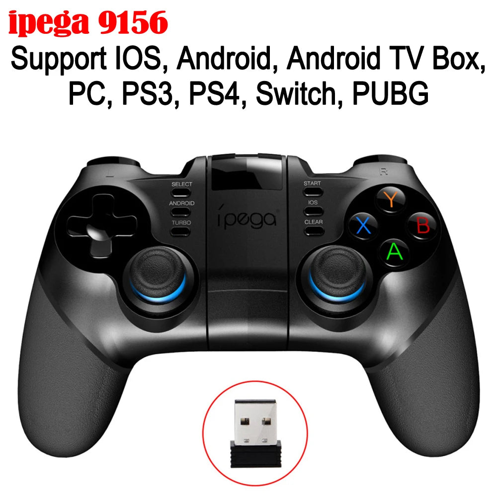 Black wireless gaming controller with multi-platform compatibility, analog sticks with blue accents, and USB receiver.