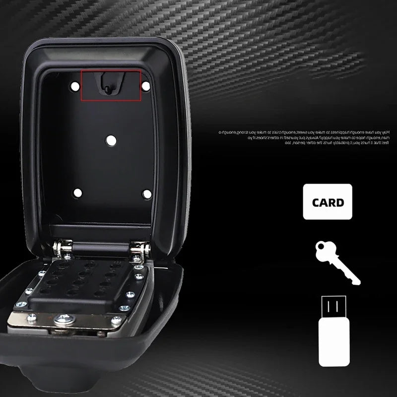 Black metal wall-mounted key lock box with an open door, interior key hook, and icons for card, key, and USB storage.