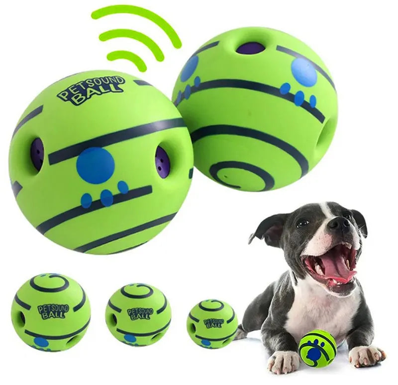 Bright green interactive dog ball with blue paw print patterns, cut-outs for sound, and a happy puppy.