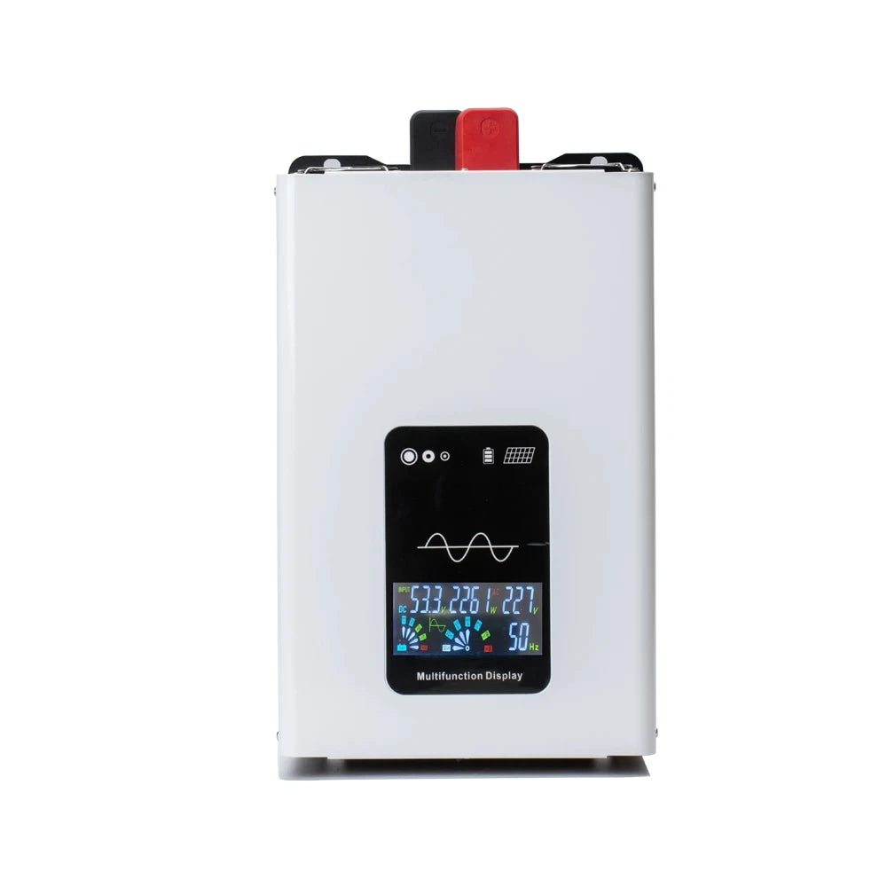 White pure sine wave power inverter with a digital multifunction display and black and red top terminals.