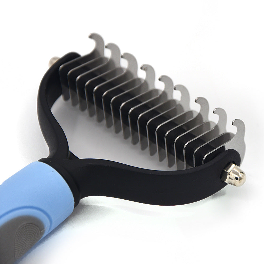 Pet dematting rake with a blue and black handle and sharp, curved stainless steel metal blades.