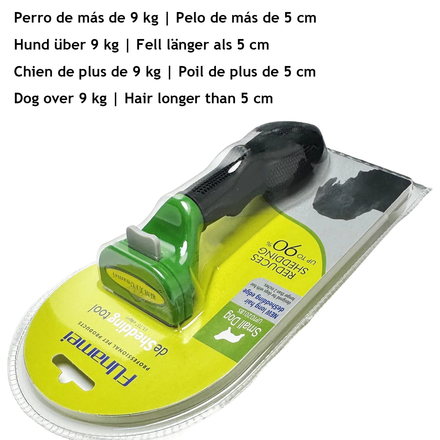 Green and black dog de-shedding tool in original retail packaging for small, long-haired dogs.