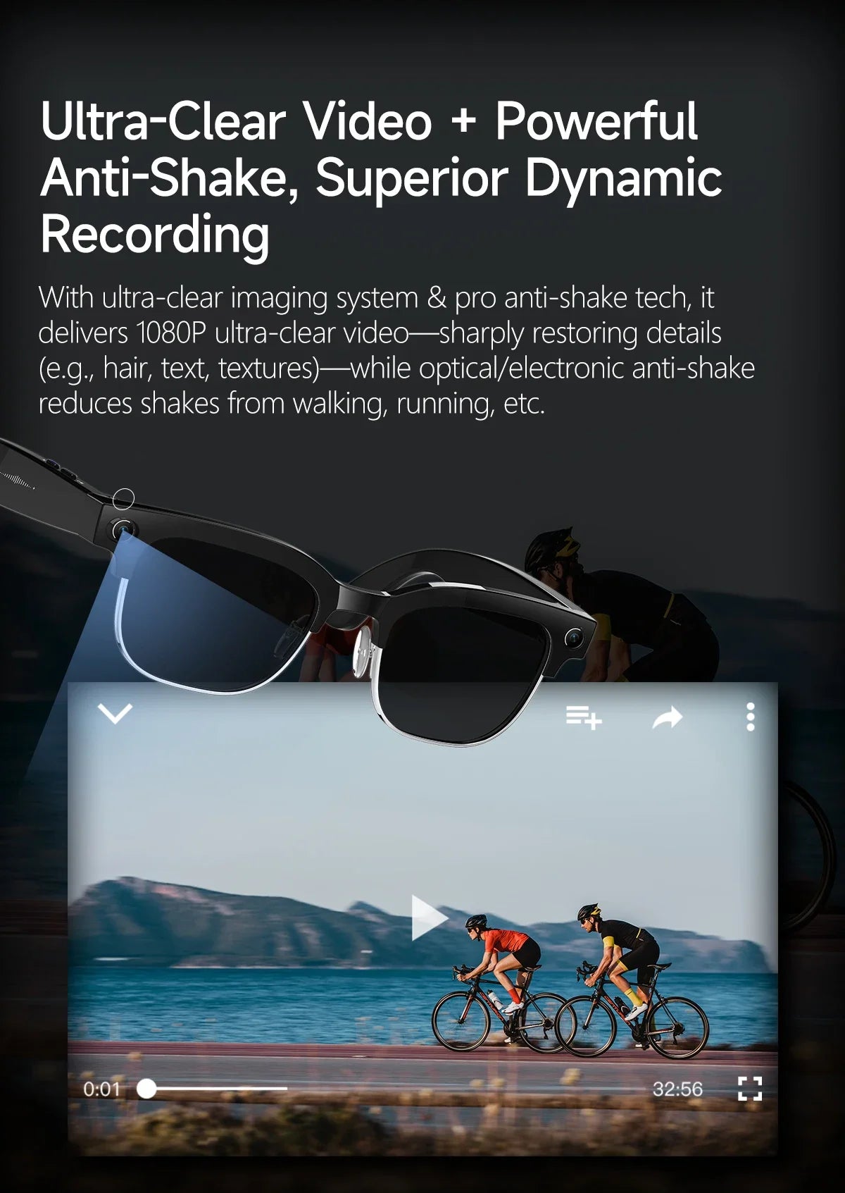 Black smart glasses with a built-in camera, projecting a clear video of cyclists onto a smartphone-style interface.
