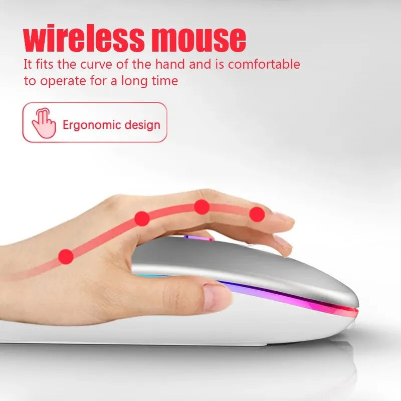 Silver wireless gaming mouse with a slim, ergonomic design and vibrant RGB LED light strip.