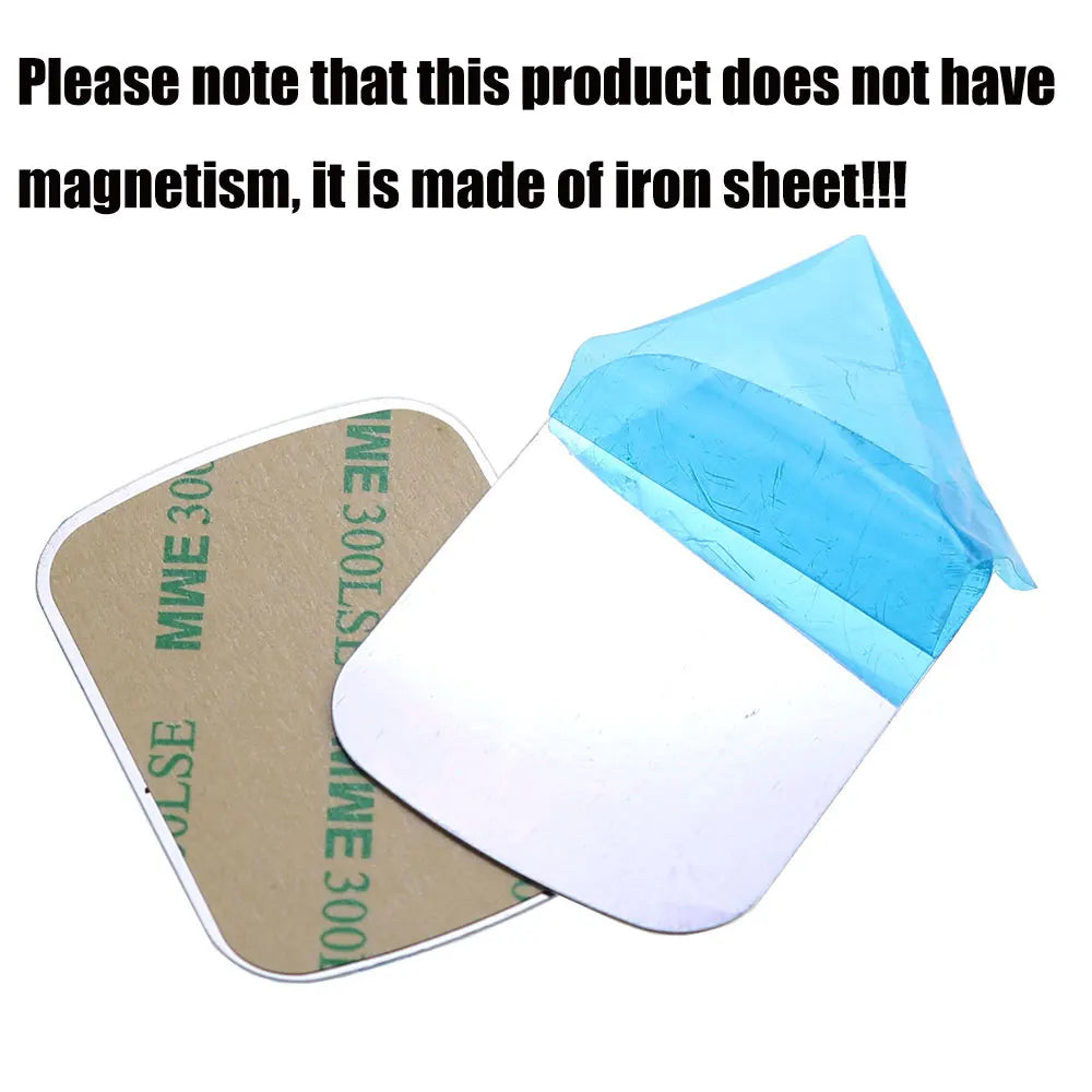 Two square silver iron sheets with adhesive backing, one partially covered by a protective blue film.