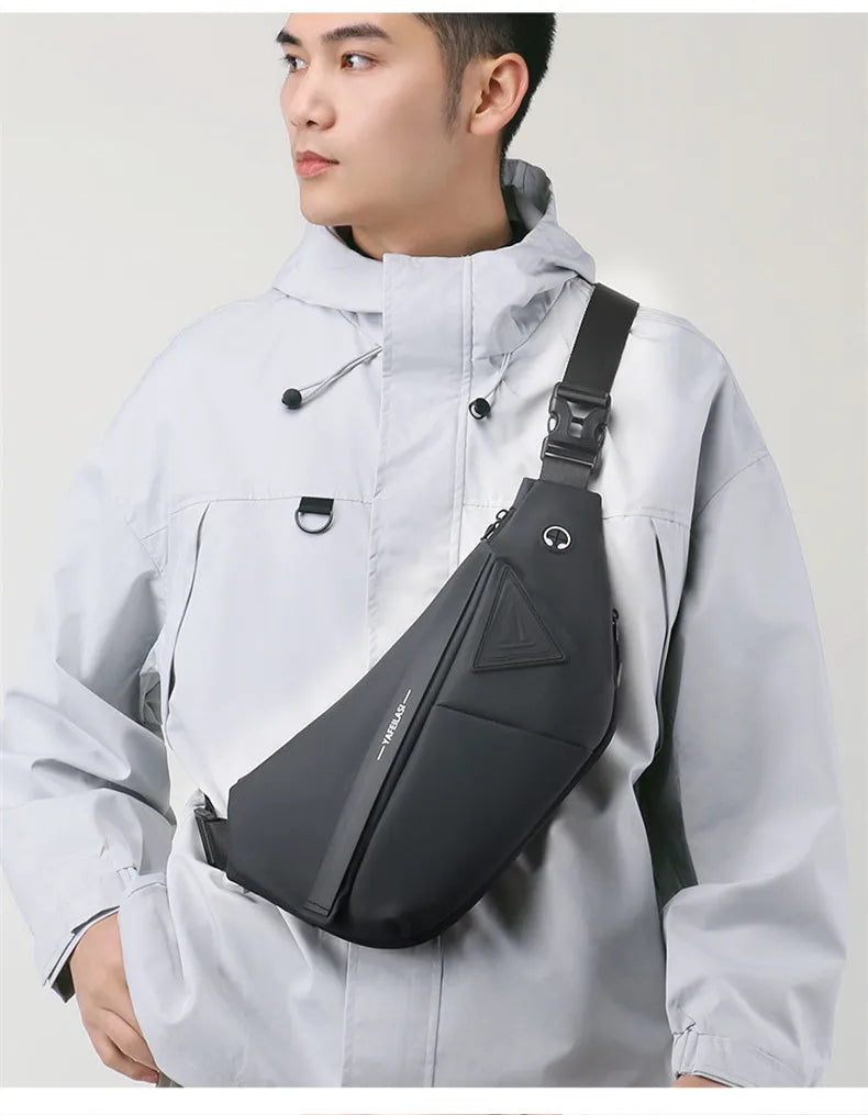 Black anti-theft crossbody sling bag with a sleek, minimalist design and adjustable buckle strap.