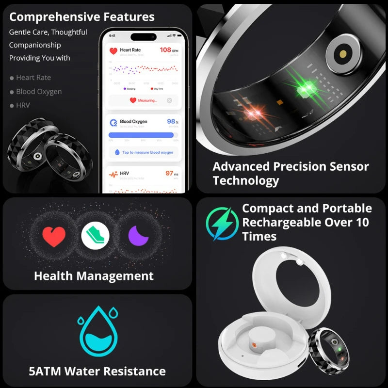 Sleek black smart health ring with heart rate, sleep, and blood oxygen tracking, plus a portable charging case.