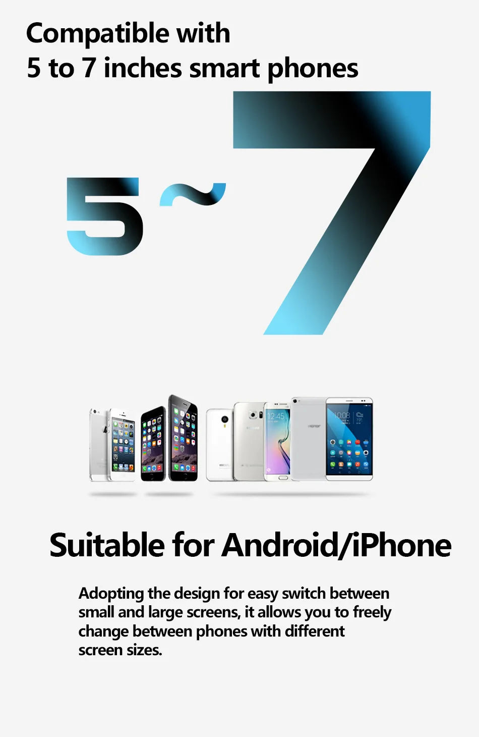 Graphic showing compatibility for 5-7 inch smartphones with various phone models in black, white, and silver.